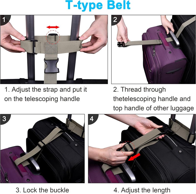 Wisdompro 2 Pcs Add a Bag Luggage Strap, Heavy Duty Adjustable Suitcase Belt Travel Attachment Travel Accessories for Connecting Your Luggage Together - Khaki (T-Type and Normal) - Image 5